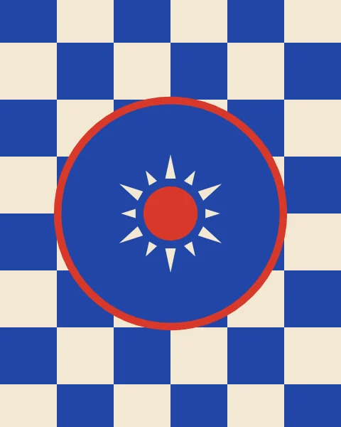 A red sun with cream rays in a round medallion, ringed in red, over a cobalt and cream checkerboard.