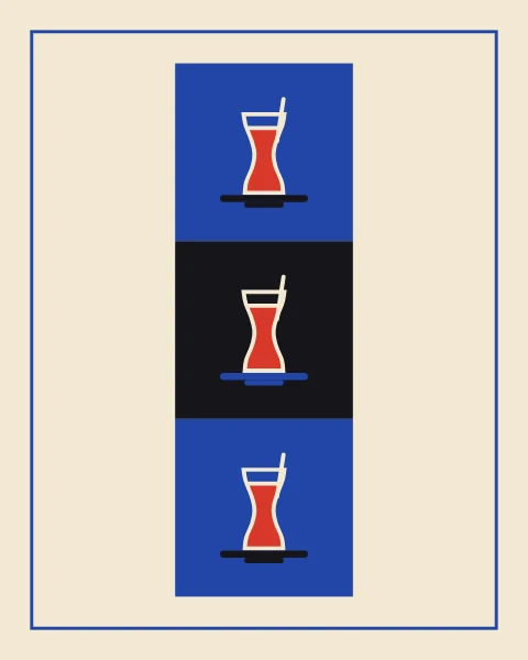 Three tea glasses in a row on cobalt and cream squares, alone on a cream field with a fine blue frame.