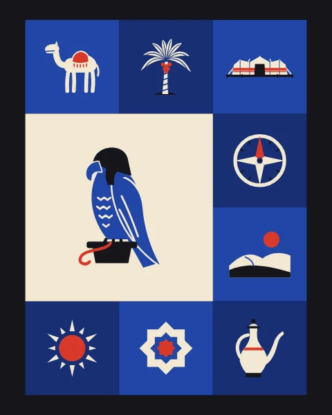 A falcon in profile on its block perch, with a red leash, on a large cream square among smaller signs of the desert.