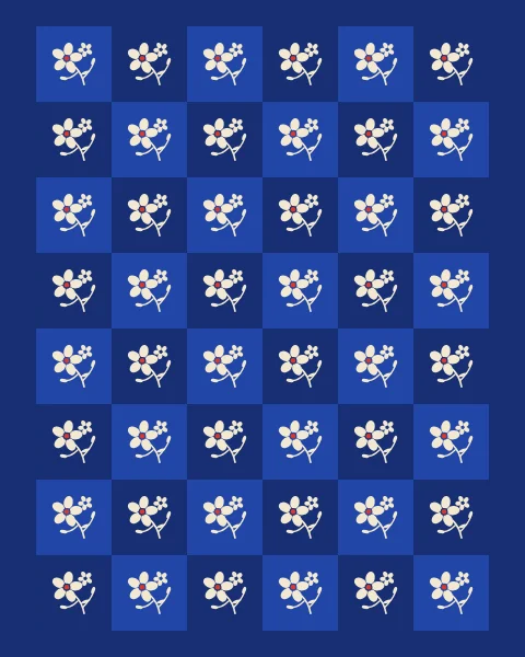 A small repeat of jasmine sprigs in cream on squares of cobalt and deep blue.