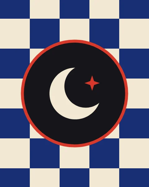 A black medallion with a cream crescent and red star, ringed in red, over a deep blue and cream checkerboard.