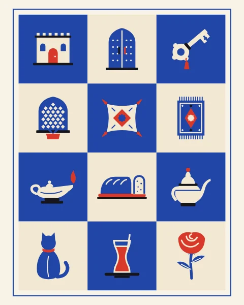 Signs of home on cobalt and cream squares: a house with a red door, a studded door, a key, a lattice window, a cushion, a rug and a lamp.