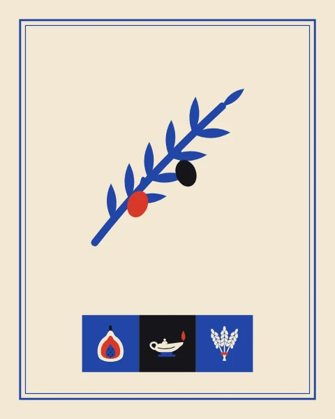 A single olive branch with one red and one black olive in cobalt on cream, with fig, lamp and wheat in longer shapes.