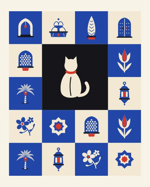 A cat seen from behind with a red collar, on a large black square among courtyard signs: arch, fountain, cypress, door and window.