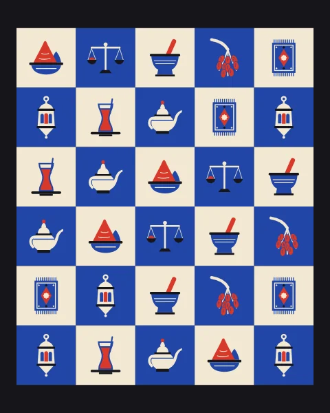 A dense grid of market signs on a black frame: red spice cones, scales, mortars, dates, rugs, lanterns and tea glasses.
