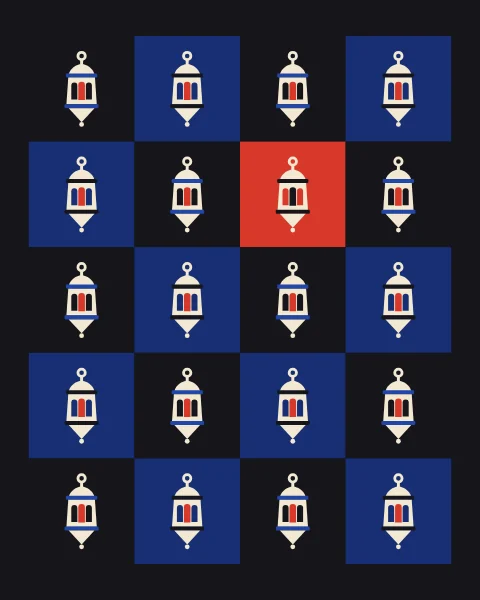A repeat of lanterns with glowing red panes in cream on black and deep blue squares, one square lit red.