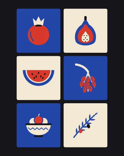A few large squares of fruit in cobalt and cream on black: pomegranate, fig, watermelon, dates, olives and a fruit bowl.