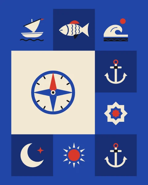 A compass rose with a red north point on a large cream square, among smaller signs of the sea and sky.