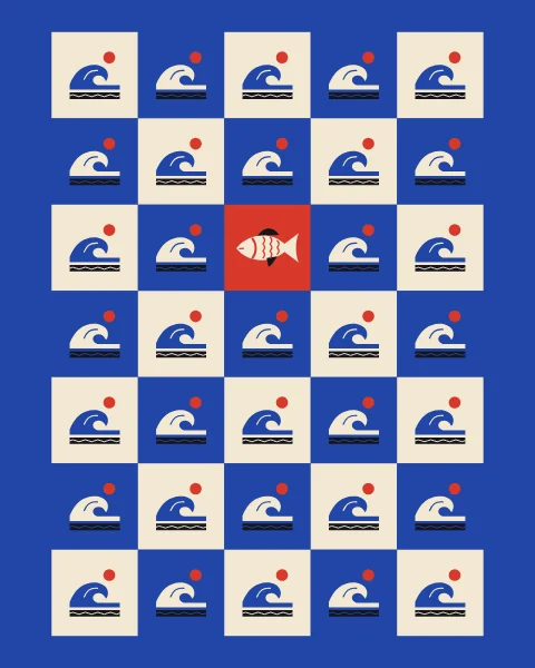A repeat of curling waves under a red sun on cobalt and cream squares, with a single fish hiding in one red square.
