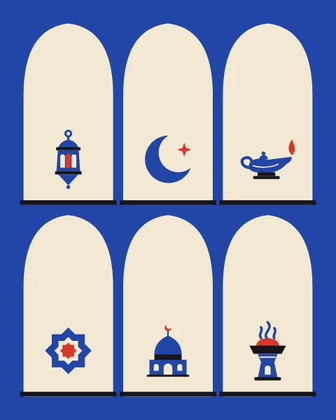 Tall cream arches on a cobalt wall, each holding a sign of the evening: lantern, crescent, star, lamp and dome.