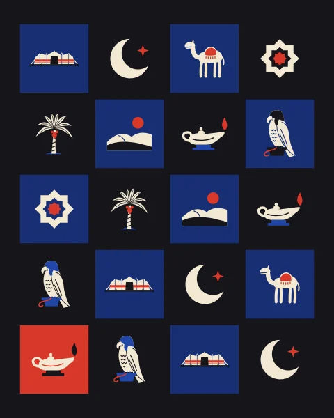 Tent, crescent, camel, star, palm, dunes, lamp and falcon in cream on black and deep blue squares, set apart by black gaps.
