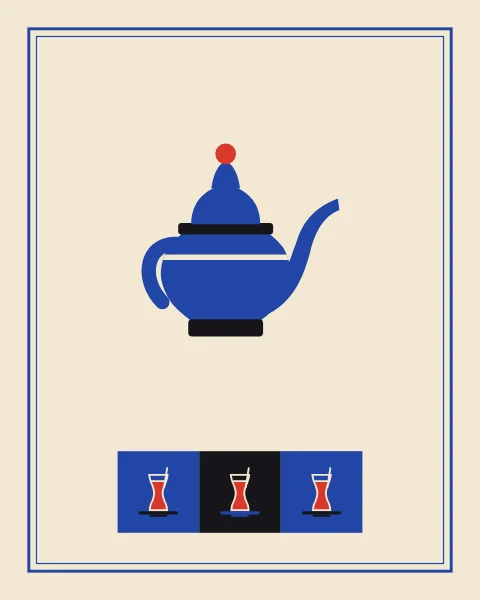 A rounded teapot in cobalt on cream inside a fine frame, with three tea glasses in a row in longer shapes.