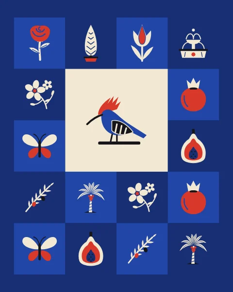 A hoopoe with a red crest on a large cream square, among garden signs on cobalt and deep blue.