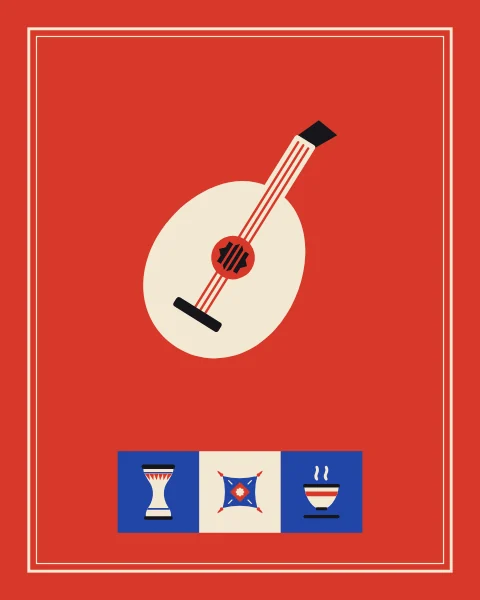 A single oud in cream with a red-starred rosette on a red field, with drum, cushion and cup in longer shapes.