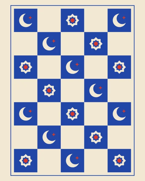 A cobalt and cream checkerboard where only the blue squares hold a crescent or a star.