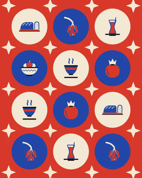 Round cobalt and cream medallions on a red ground holding a loaf, dates, tea, a fruit bowl, coffee cups and a pomegranate.