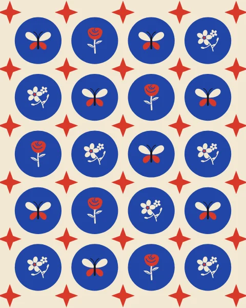 Round cobalt medallions with butterflies, roses and jasmine on a cream ground, with red four-point stars between them.