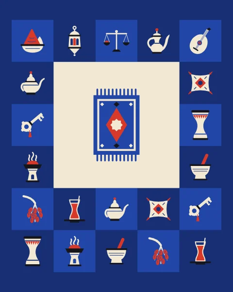 A fringed rug with a red medallion on a large cream square, framed by signs of the souk on cobalt and deep blue.