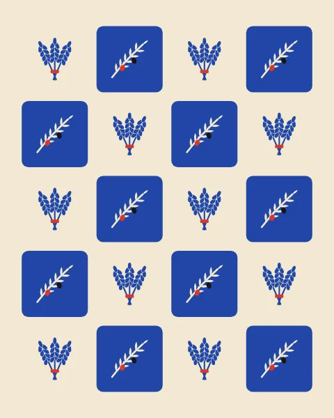 A repeat of wheat sheaves tied in red and olive branches on rounded cobalt and cream tiles.
