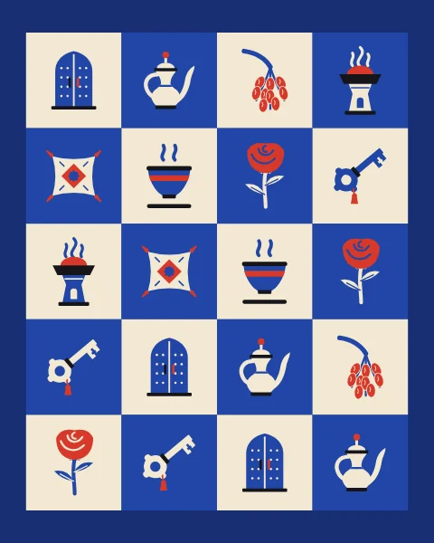 Signs of welcome on a deep blue frame: a door, a coffee pot, dates, incense, a cushion, cups, a rose and a key.