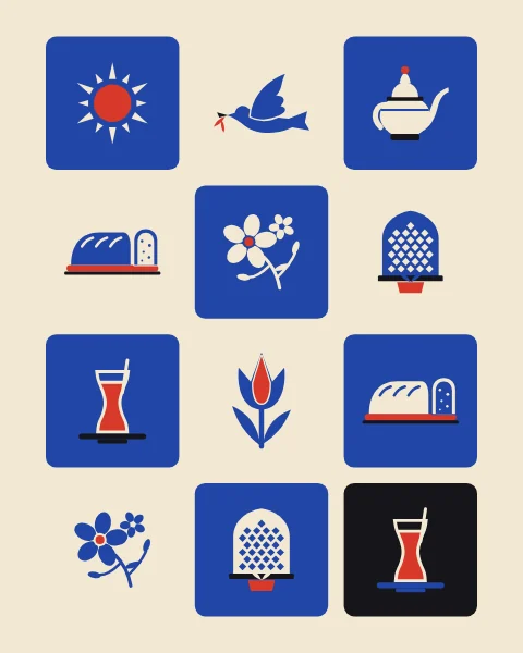 Signs of the morning on rounded cobalt and cream tiles: sun, dove, teapot, bread, jasmine, window, tea glass and tulip.