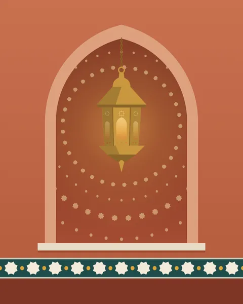 A brass fanous lantern hanging on a fine chain inside a tall pointed niche in a terracotta wall. Light through its pierced panels falls as rings of small stars and dots across the niche, and a band of zellige stars runs below the sill.