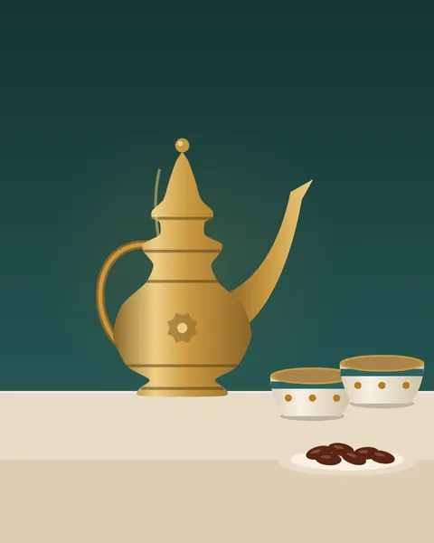A tall brass dallah with a crescent-beak spout and a stepped lid, standing on a pale table beside two small handleless cups of Arabic coffee and a plate of dates.