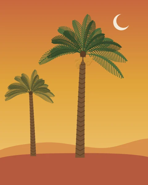 A tall date palm with clusters of amber dates beneath its crown of fronds, standing on warm dunes under a sky that runs from terracotta to saffron. A smaller palm stands behind it and a new crescent rises in the evening sky.