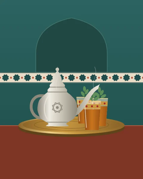 A Moroccan pewter teapot with a long curving spout and a domed lid, set on a round brass tray with gold-banded glasses of amber tea and fresh mint, against a teal wall with a band of zellige and, on the upright formats, an arched alcove above.