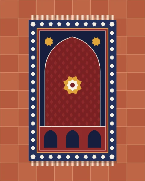 A prayer rug seen from directly above, laid on terracotta floor tiles. Its madder-red field holds a pointed arch filled with a lattice of small diamonds and an eight-point star medallion, framed by an indigo border of small stars and fringed at both ends. The landscape print lays a second rug in teal beside it.
