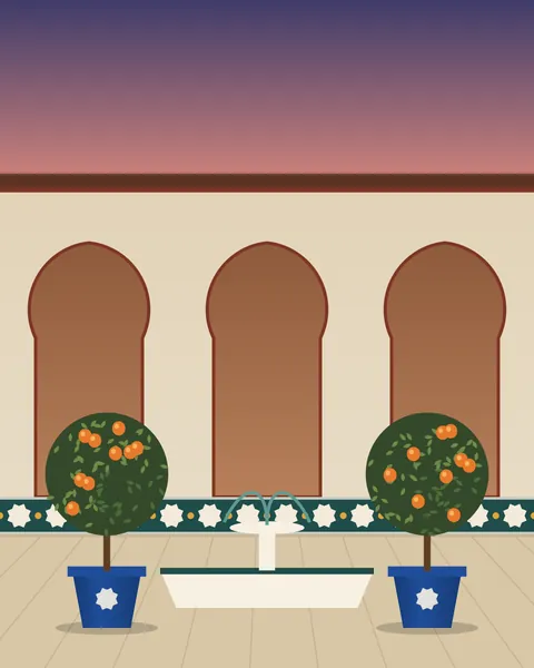 A courtyard in the Andalusian manner: horseshoe arches in a plaster wall over a band of zellige stars, a white marble fountain in the middle of the paving and an orange tree in a cobalt pot on either side. Above the wall the sky turns from rose to evening blue.