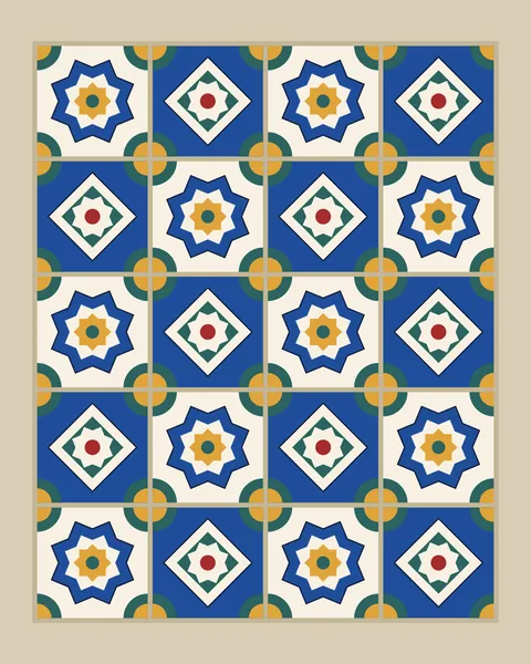 A panel of glazed tiles set with fine grout lines. Two designs alternate like a chequerboard: a cobalt eight-point star on white, and a white lozenge on cobalt. Where four tiles meet, their corners make a teal and saffron roundel.