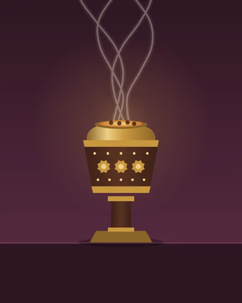 A mabkhara, the tall footed incense burner, in dark wood banded and studded with brass, with glowing coals in its cup. Fine curls of smoke rise into a deep plum evening.