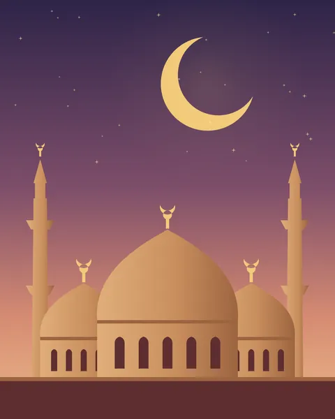 Three sandstone domes and two slender minarets, each topped with a small gold crescent finial, under a dusk sky running from deep violet to apricot. A large new crescent and a scatter of first stars hang above. The buildings are invented, not any particular place.