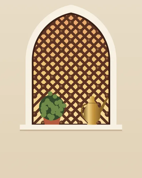 A pointed window filled with a mashrabiya screen of turned wooden beads on a diagonal lattice, glowing with the saffron light of late afternoon. On the pale sill below stand a clay pot of basil and a small brass jug.