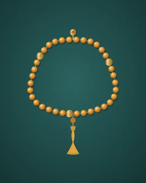 A string of amber prayer beads lying in a loose loop on deep teal linen, seen from above. Three brass beads divide the loop, and a gold tassel falls from the bottom. Each bead catches a small point of light and casts a soft shadow.