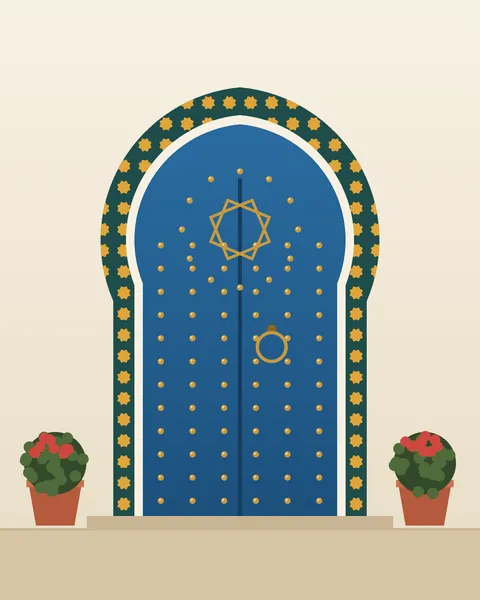 A blue double door studded with brass under a horseshoe arch, framed by a teal band set with saffron stars, in a lime-washed wall. A brass ring knocker hangs on one leaf, a stone step runs in front and a pot of red geraniums stands on either side.