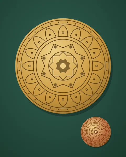 A large round brass tray hung on a deep green plaster wall, engraved in rings: a border of fine dots, sixteen pointed petals, a ring of small stars and two nested eight-point stars at the centre. The portrait and landscape prints add a smaller copper tray.