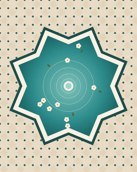 An eight-pointed star fountain basin seen from directly above, its white rim set in a courtyard floor of pale lozenge tiles with teal dots. Rings spread from the jet at the centre, and white orange blossoms and a few leaves float on the turquoise water.