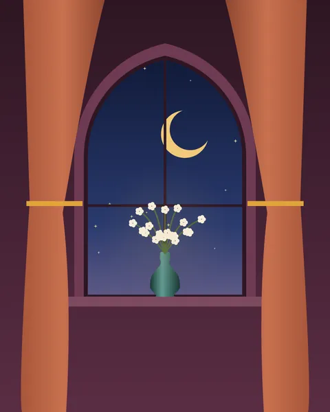 An arched window in a plum room at night, its panes showing a deep blue sky with the new crescent and a few stars. Terracotta curtains are tied back on either side and a small teal vase of white jasmine stands on the sill.