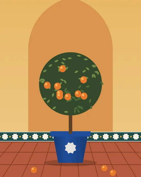 A round orange tree in a cobalt pot with a white star, standing in front of a pointed arch over a zellige dado on a saffron wall. The terracotta floor is laid in large tiles and three fallen oranges lie beside the pot.