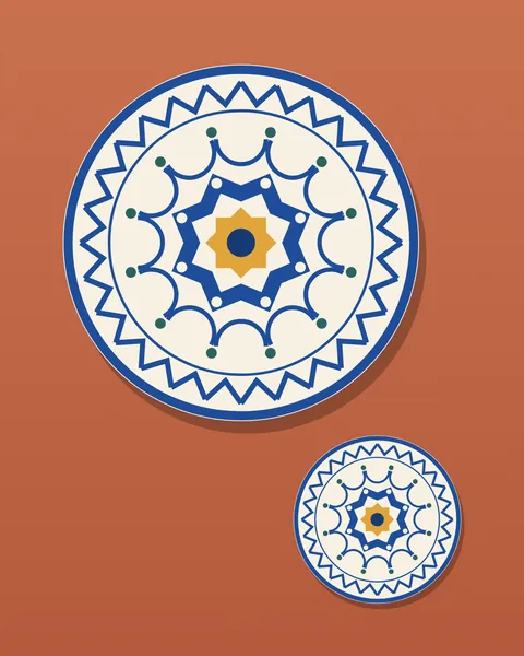 Blue-and-white Fez plates hung on a warm terracotta wall: a zigzag rim, a ring of scallops with teal dots and a cobalt eight-point star at the centre of each. The square shows a single large plate, the portrait two, the landscape three.