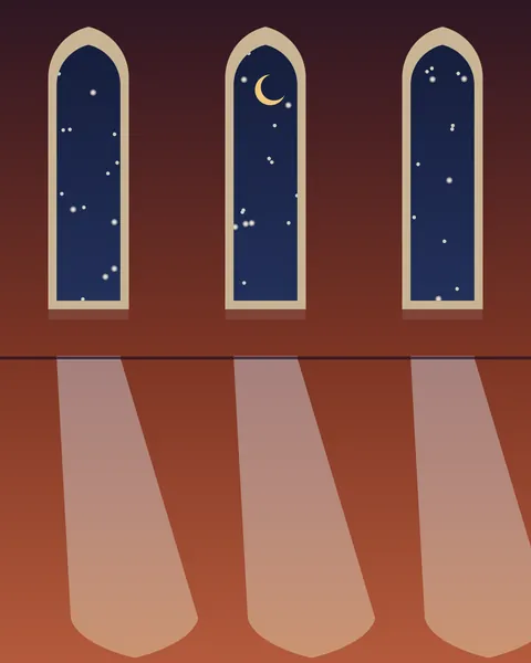 A deep clay room at night with three pointed windows high in its wall. Through them is the indigo sky with a scatter of stars and a new crescent, and their light falls from the foot of each window across the floor as a widening pale shaft, tinted with the sky and ending in the window's own pointed shape.