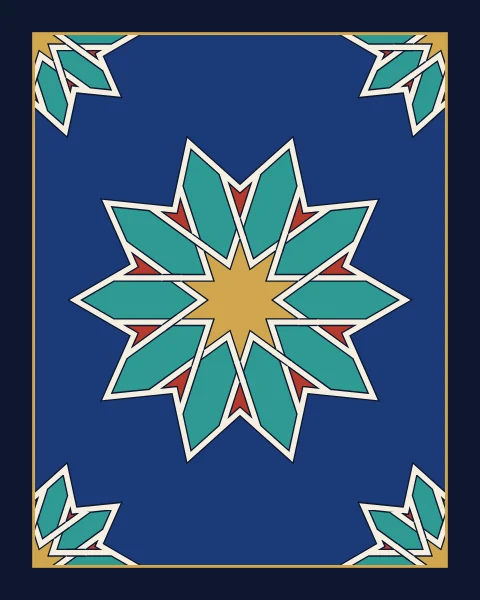 A ten-pointed gold star ringed by turquoise petals and red points, all bound in interlaced ivory bands on a lapis panel, with a quarter of the same knot set into each corner.