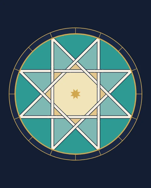 Eight ivory ribs cross inside a gold ring on deep blue, making an eight-pointed star with an octagon at its heart; the cells between them lighten from blue at the rim through turquoise to pale honey at the centre.