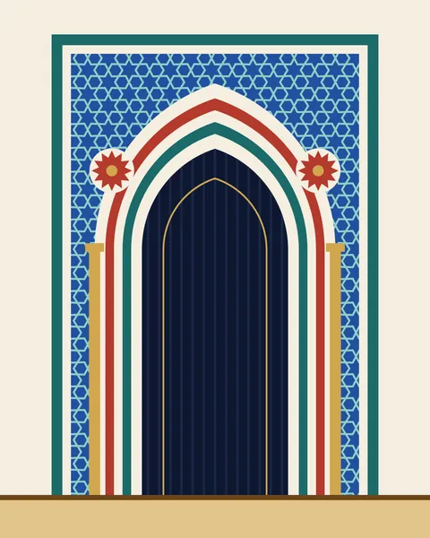 A tall pointed arch sits in six nested bands of ivory, red and turquoise over a cobalt field of fine six-fold lines, with gold columns and two star rosettes in the spandrels.