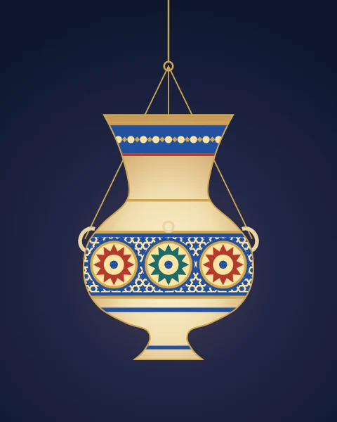 A tall glass lamp with a flared neck, a broad body and a high foot hangs on gold chains; its cobalt bands are pierced with rows of small stars and three large star windows, all lit warm from the flame inside.