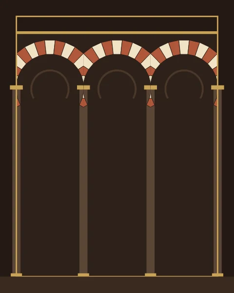 An arcade of horseshoe arches on slender dark piers, every arch built of alternating terracotta and cream wedge stones, under a gold rule in a deep, warm hall.