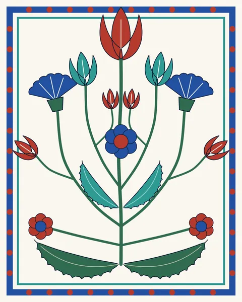 A symmetrical spray rises from two curling saz leaves to a red tulip at the top, with cobalt carnations, turquoise tulips and red rosettes on either side, framed in a blue border.