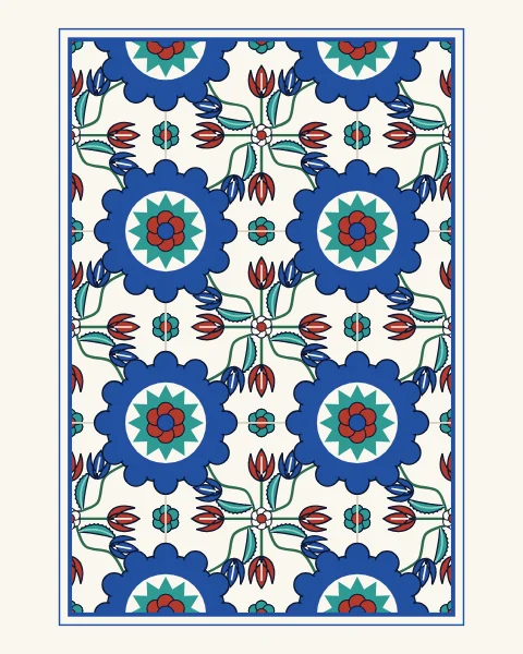 A framed panel of white tiles, each with a cobalt rosette and red tulips pointing to its four sides and curving saz stems reaching to the corners, where quarter-circles meet in scalloped cobalt medallions; the frame falls on the tiles' own centre lines.
